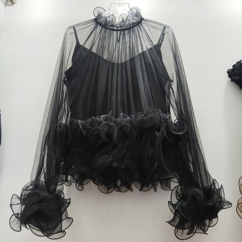 Ženska poliester bluza s polu-visokim ovratnikom, dugi rukavi s lupinjastim rukavima, zimska kolekcija 2025, elegantan uredski stil