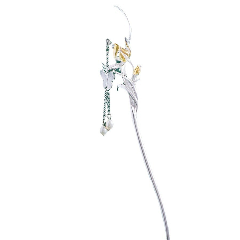 Igla za kosu s cvjetnim motivom, metalna, kineskog inspiriranog stila, Zhongying Jewelry, zlatna ugradnja