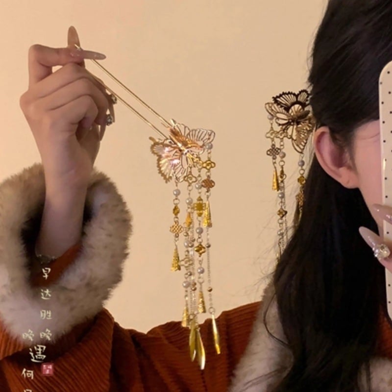 U alakú pillangó füzérrel díszített hajtű, női, fém, retro stílus