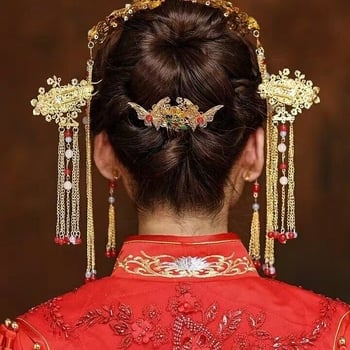 Νυφική διακόσμηση μαλλιών σε κινεζικό στυλ με κορώνα Φοίνιξ, μεταλλική βάση, χειροποίητο, Καλοκαίρι 2023