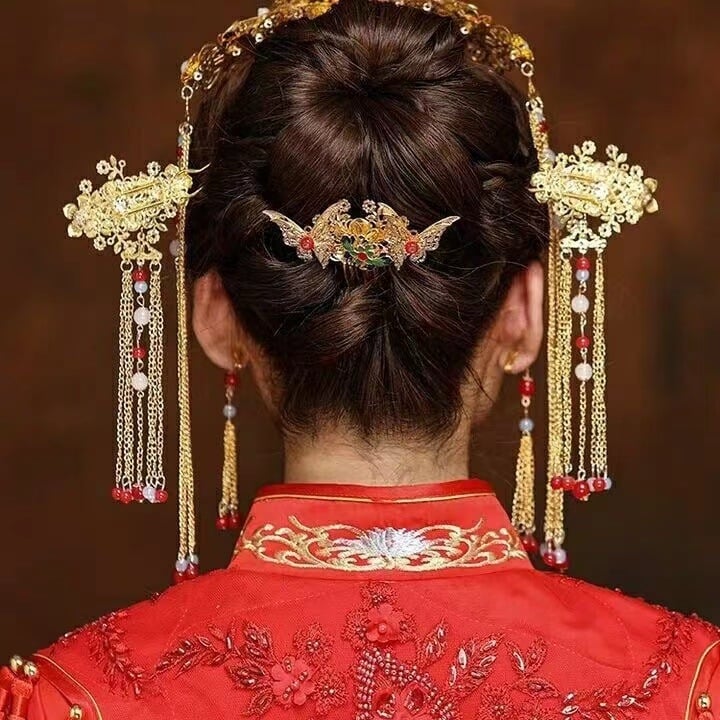 Menyasszonyi hajdísz kínai stílusban, korona Főnix-szel, fém alap, kézzel készített, nyár 2023