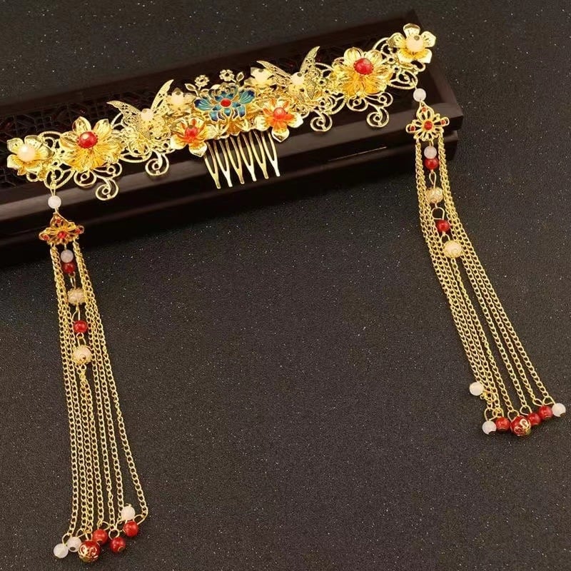 Νυφική διακόσμηση μαλλιών σε κινεζικό στυλ με κορώνα Φοίνιξ, μεταλλική βάση, χειροποίητο, Καλοκαίρι 2023