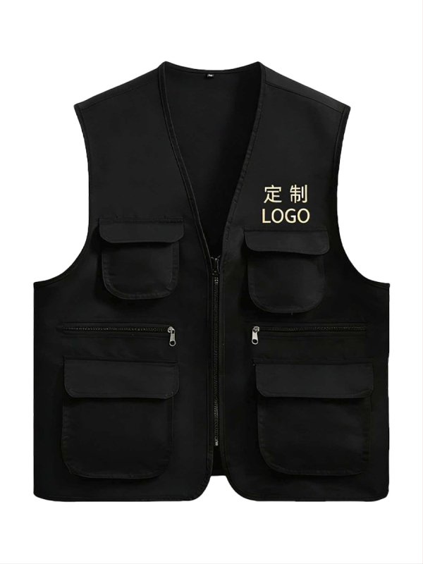 Vesta do práce s viacerými vreckami, zipsom, bez kapucne, 100% polyester, rovný strih