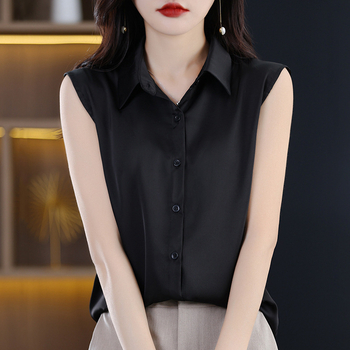 Ženska bluza bez rukava s polo ovratnikom, šifon, poliester, jednobojni uzorak, uredski temeljni top