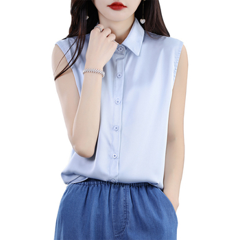 Ženska bluza bez rukava s polo ovratnikom, šifon, poliester, jednobojni uzorak, uredski temeljni top