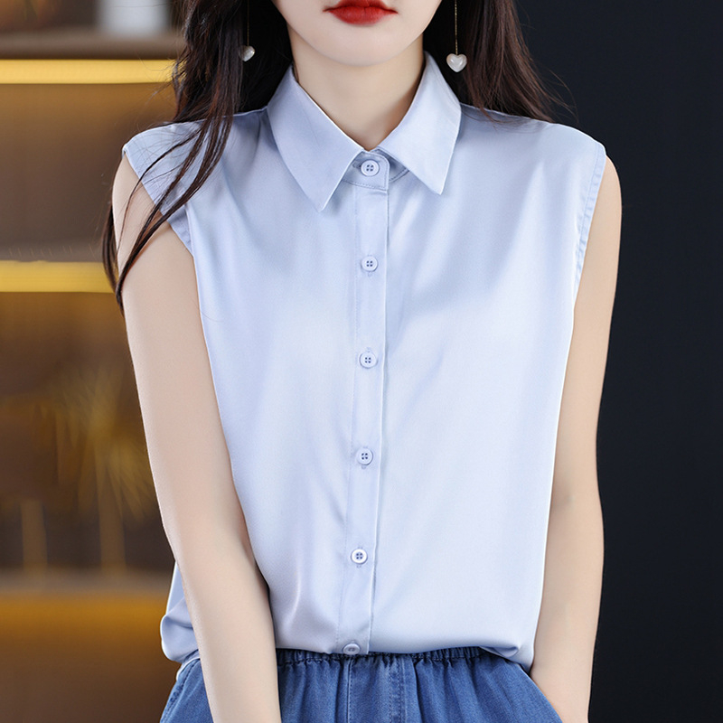 Ženska bluza bez rukava s polo ovratnikom, šifon, poliester, jednobojni uzorak, uredski temeljni top