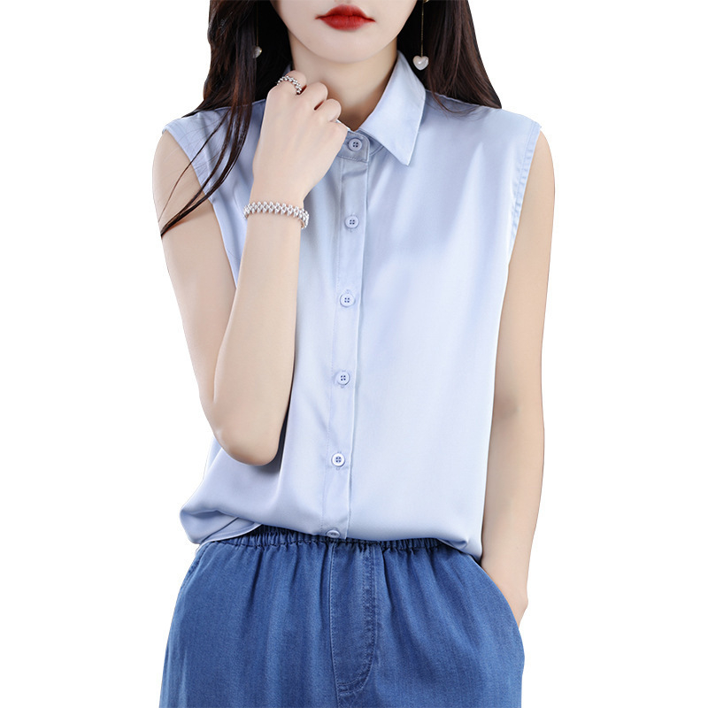 Ženska bluza bez rukava s polo ovratnikom, šifon, poliester, jednobojni uzorak, uredski temeljni top