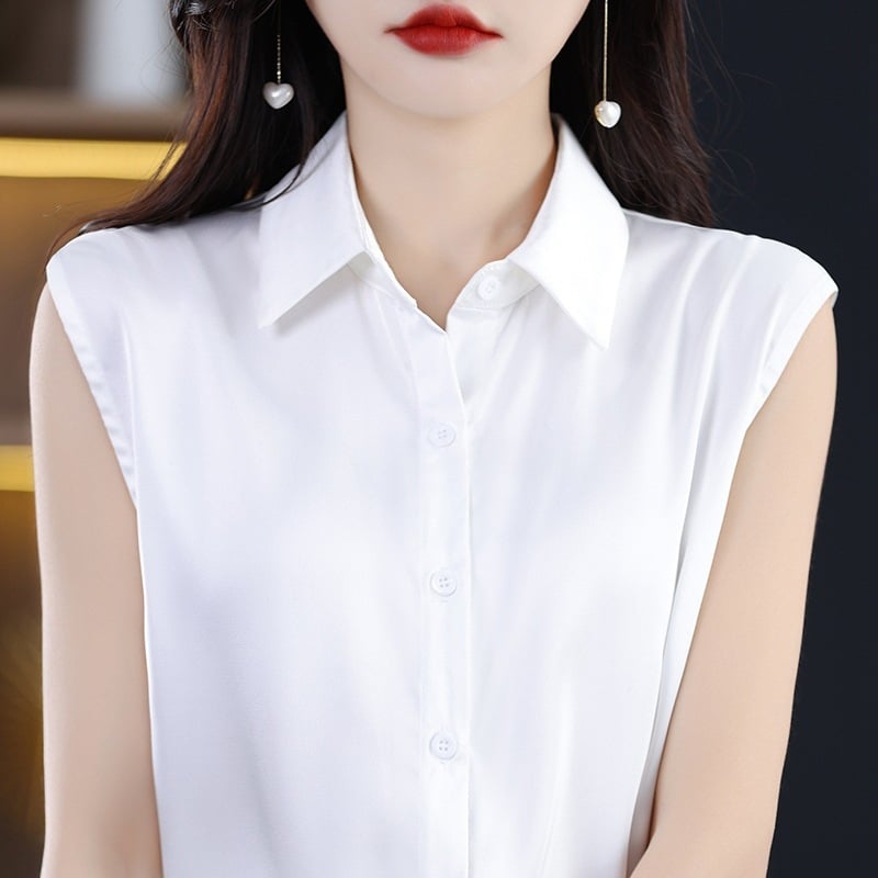 Ženska bluza bez rukava s polo ovratnikom, šifon, poliester, jednobojni uzorak, uredski temeljni top