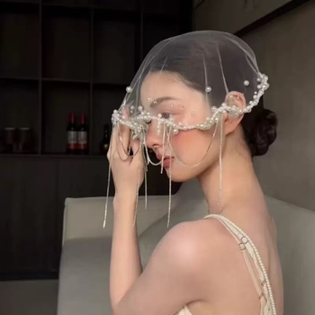 Vjenčani dodatak za kosu u francuskom stilu s perljanim resicama i malim veoom, geometrijski uzorak, umjetne perle