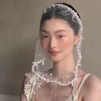 Vjenčani dodatak za kosu u francuskom stilu s perljanim resicama i malim veoom, geometrijski uzorak, umjetne perle