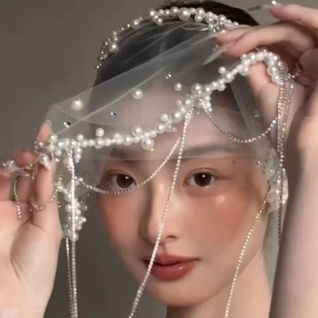 Vjenčani dodatak za kosu u francuskom stilu s perljanim resicama i malim veoom, geometrijski uzorak, umjetne perle