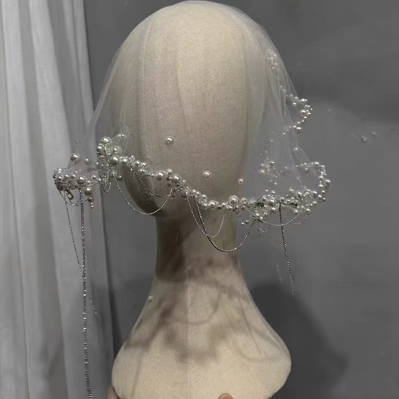 Vjenčani dodatak za kosu u francuskom stilu s perljanim resicama i malim veoom, geometrijski uzorak, umjetne perle