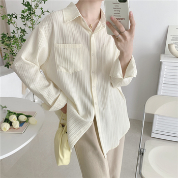 Chiffon bluza-kardigan s zaštitom od sunca – Ljeto 2024, jednobojna, poliestersko-spandeks mješavina, polo ovratnik, dugi rukavi, jednostruko kopčanje
