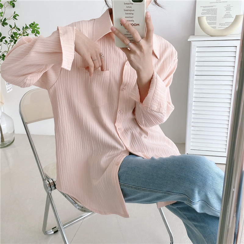 Chiffon bluza-kardigan s zaštitom od sunca – Ljeto 2024, jednobojna, poliestersko-spandeks mješavina, polo ovratnik, dugi rukavi, jednostruko kopčanje