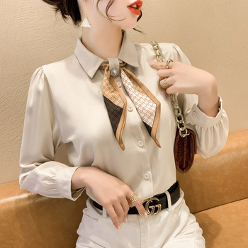 Ženska košulja s mašnicom i dugim rukavima, šifon s 71-80% poliesterom, slobodan kroj, Polo ovratnik, gradski ležerni stil