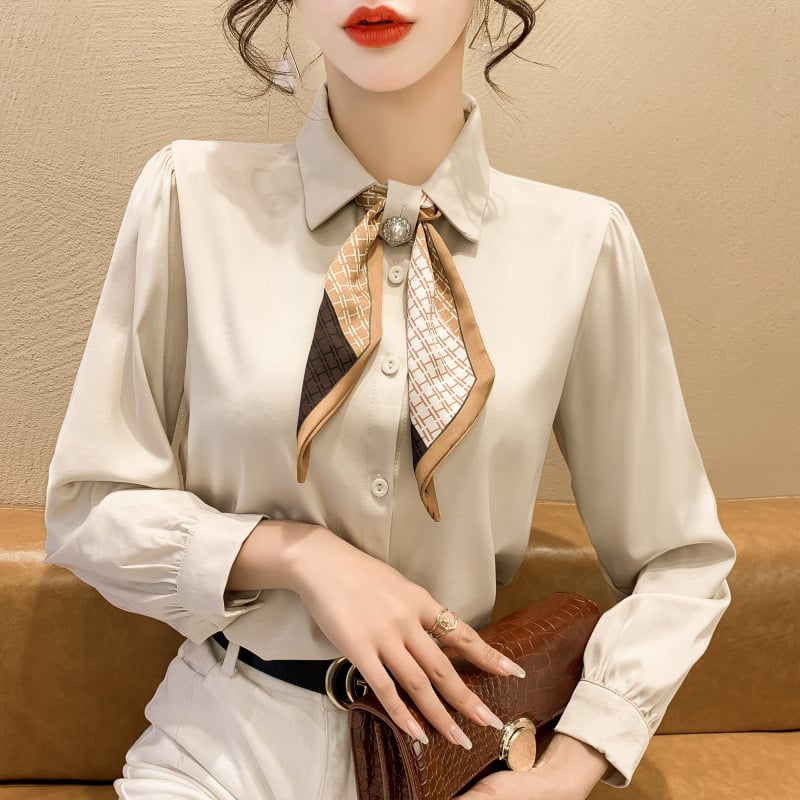 Ženska košulja s mašnicom i dugim rukavima, šifon s 71-80% poliesterom, slobodan kroj, Polo ovratnik, gradski ležerni stil