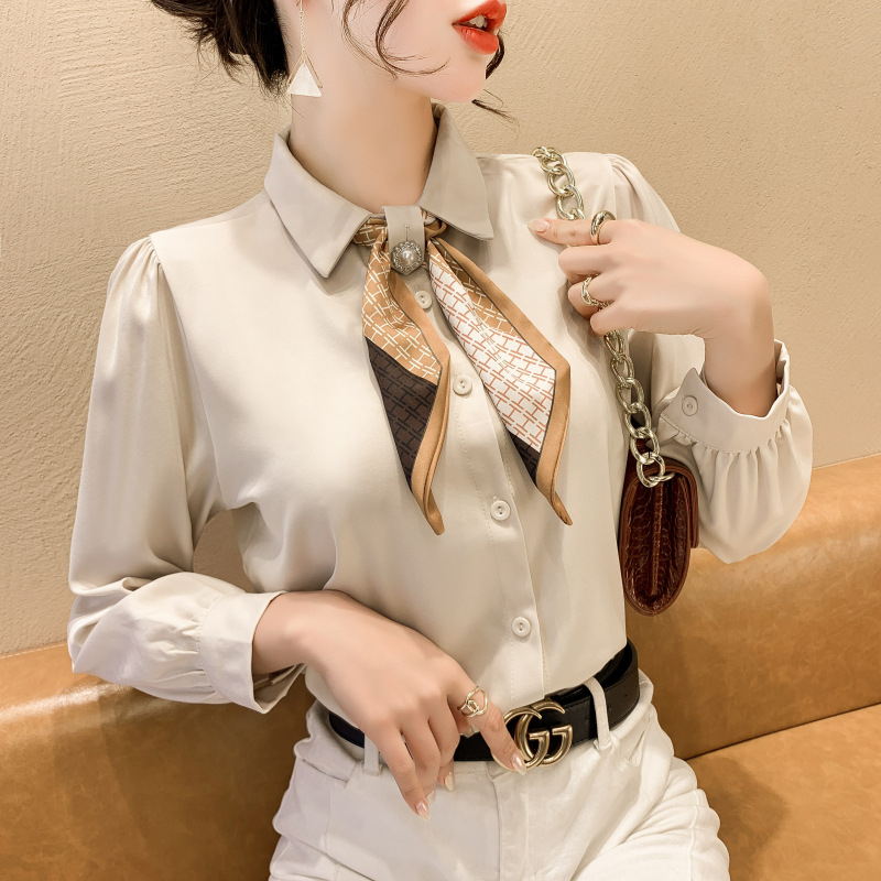 Ženska košulja s mašnicom i dugim rukavima, šifon s 71-80% poliesterom, slobodan kroj, Polo ovratnik, gradski ležerni stil