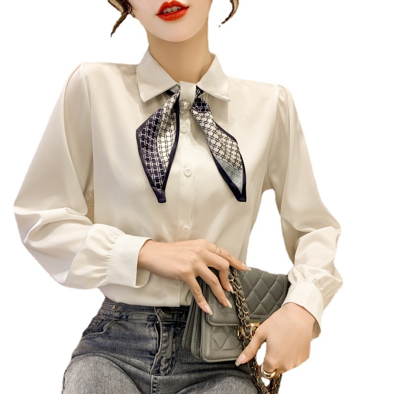 Ženska košulja s mašnicom i dugim rukavima, šifon s 71-80% poliesterom, slobodan kroj, Polo ovratnik, gradski ležerni stil