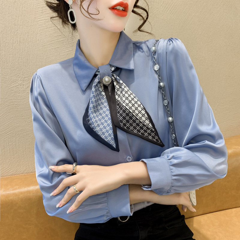 Ženska košulja s mašnicom i dugim rukavima, šifon s 71-80% poliesterom, slobodan kroj, Polo ovratnik, gradski ležerni stil