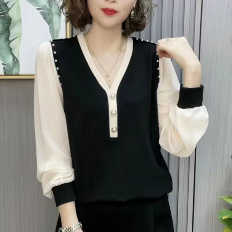 Lagan šifonski top s V-izrezom, dugi rukavi, korejski stil, elegantan top, 70-80% šifona