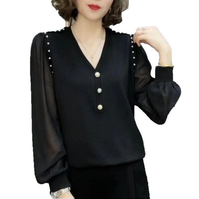Lagan šifonski top s V-izrezom, dugi rukavi, korejski stil, elegantan top, 70-80% šifona