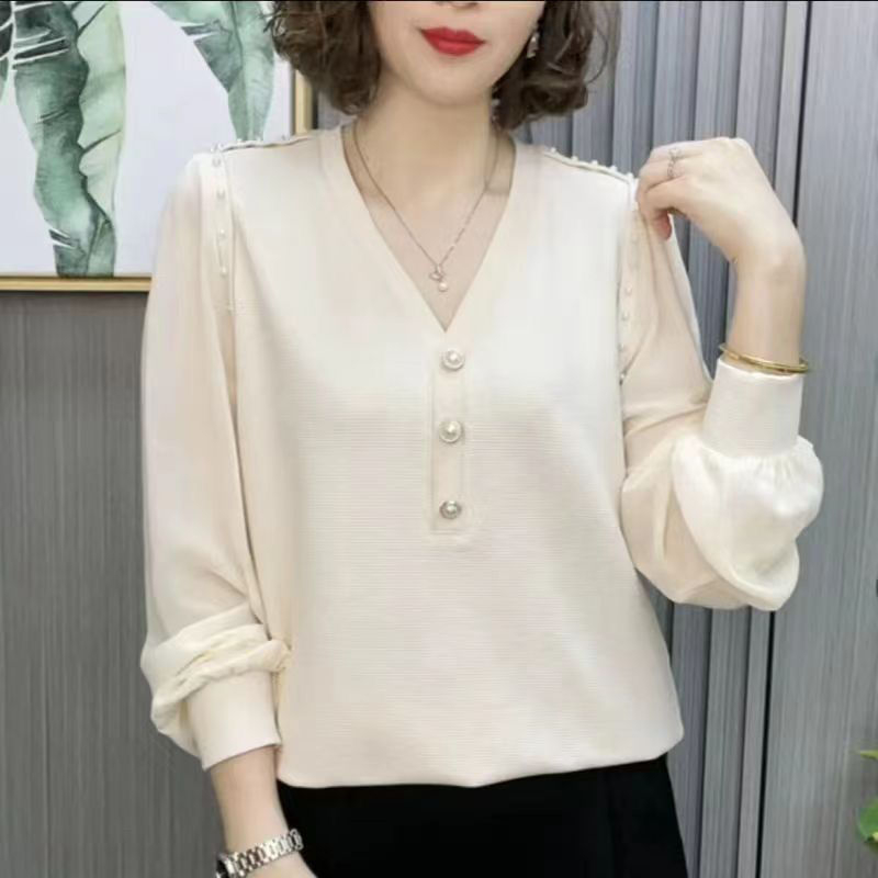Lagan šifonski top s V-izrezom, dugi rukavi, korejski stil, elegantan top, 70-80% šifona