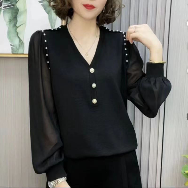 Lagan šifonski top s V-izrezom, dugi rukavi, korejski stil, elegantan top, 70-80% šifona
