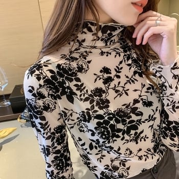 Top s visokim ovratnikom od čipke i mreže s flok printom, proziran, uska silueta, mješavina najlona i šifona