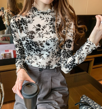 Top s visokim ovratnikom od čipke i mreže s flok printom, proziran, uska silueta, mješavina najlona i šifona