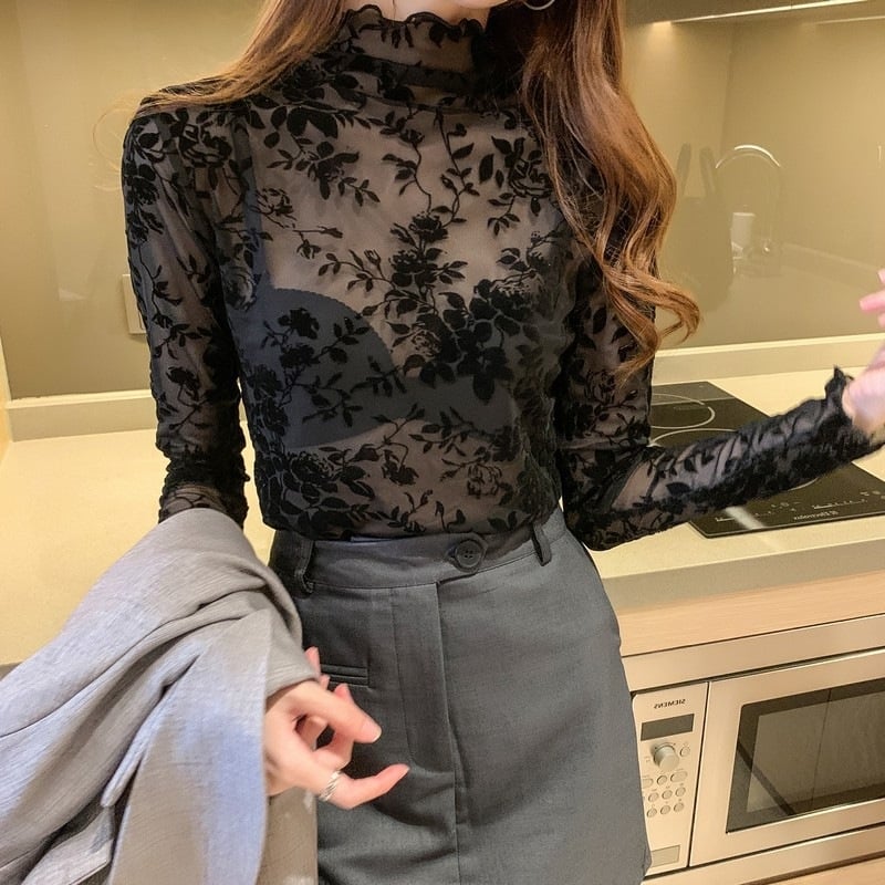 Top s visokim ovratnikom od čipke i mreže s flok printom, proziran, uska silueta, mješavina najlona i šifona