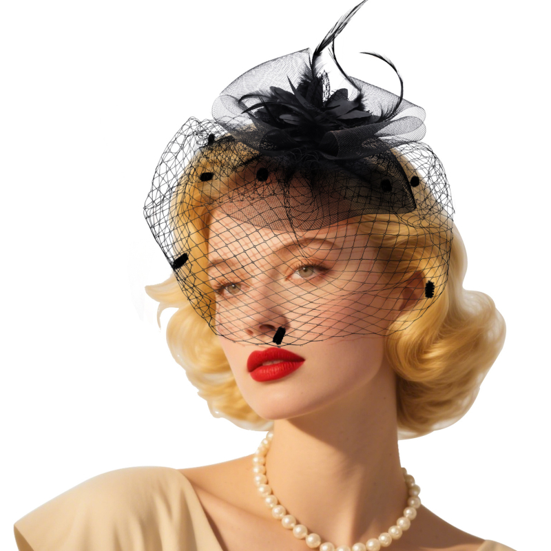 Vjenčani doprsak za kosu od mreže s veo i perima, retro stil (Materijal: mreža; Stil: retro; Uzorak: model stil; Sezona: ljeto 2025)