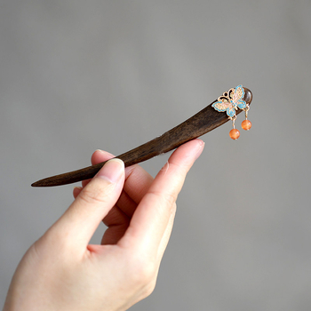 Igla za kosu od sandalovog drveta sa leptirovim resicama, retro geometrijski dizajn, ručno izrađeni dodatak