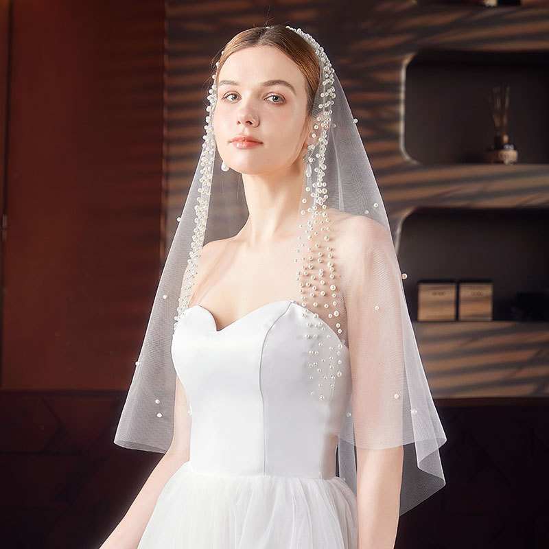 Svadbeni veo s perlicama, jednovrstni, do lakta, U-oblik, prozirna vlakna