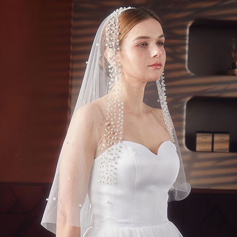 Svadbeni veo s perlicama, jednovrstni, do lakta, U-oblik, prozirna vlakna