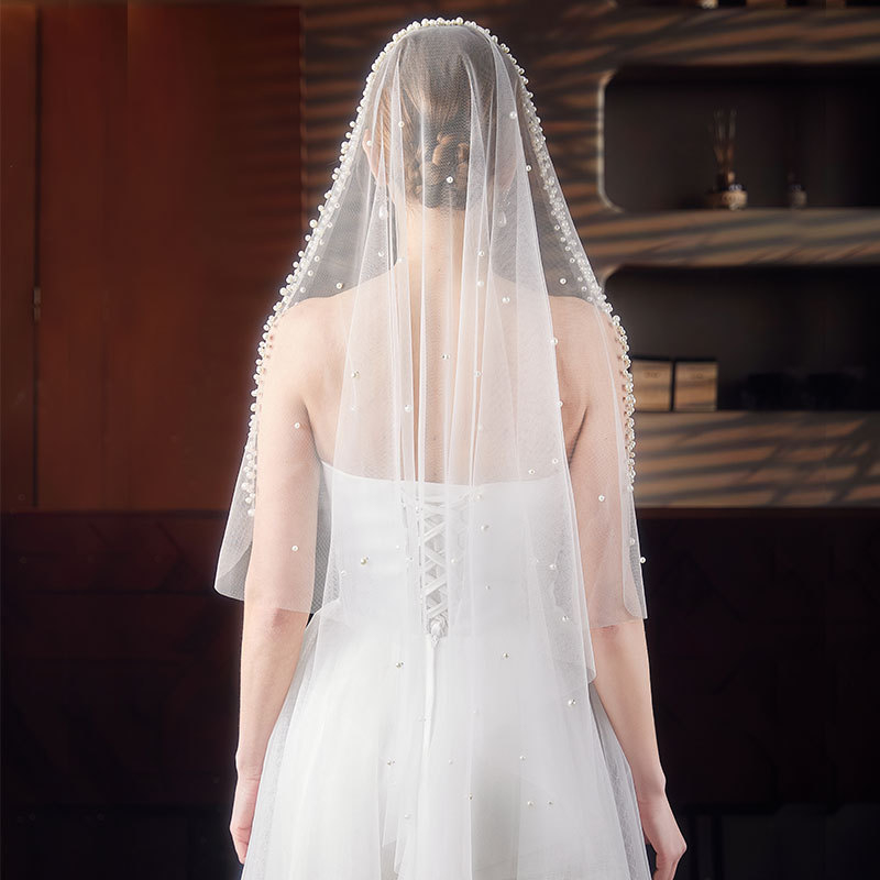 Svadbeni veo s perlicama, jednovrstni, do lakta, U-oblik, prozirna vlakna