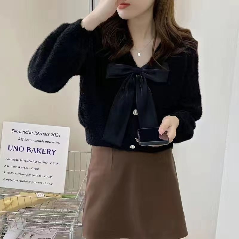 Ženski kardigan s mašnicom, akrilna pletenina, V-izrez, dugi rukavi, jesen 2023