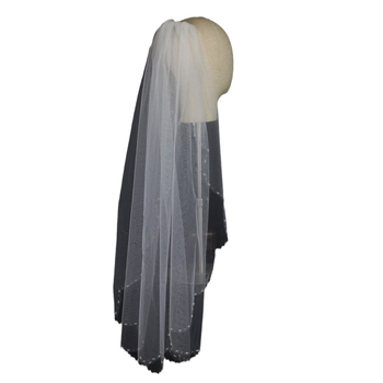 Vjenčani veo za glavu, jednostranog sloja, ukrašen perlicama, rub u valovitoj ivici, najlon