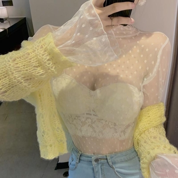 Ženska šifon košulja s polu-visokim ovratnikom i izrezom s čipkom – dugi rukav, geometrijski uzorak, tkanina Chenille-Spandex