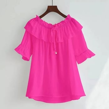 Ženska bluza od modalnog materijala s volanima, lađasti izrez, kratki rukavi, slobodan kroj, prekrivanje trbuha