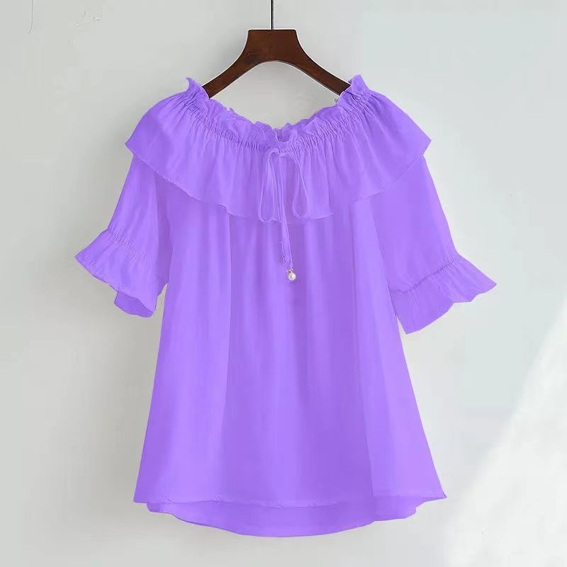 Ženska bluza od modalnog materijala s volanima, lađasti izrez, kratki rukavi, slobodan kroj, prekrivanje trbuha
