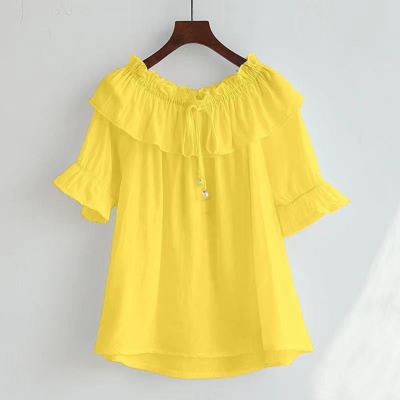 Ženska bluza od modalnog materijala s volanima, lađasti izrez, kratki rukavi, slobodan kroj, prekrivanje trbuha