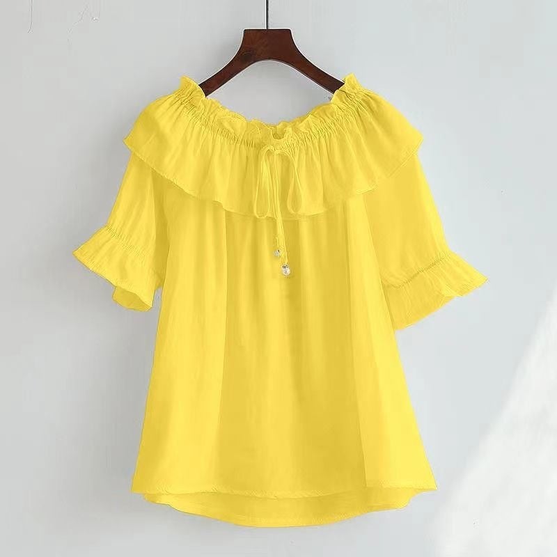 Ženska bluza od modalnog materijala s volanima, lađasti izrez, kratki rukavi, slobodan kroj, prekrivanje trbuha