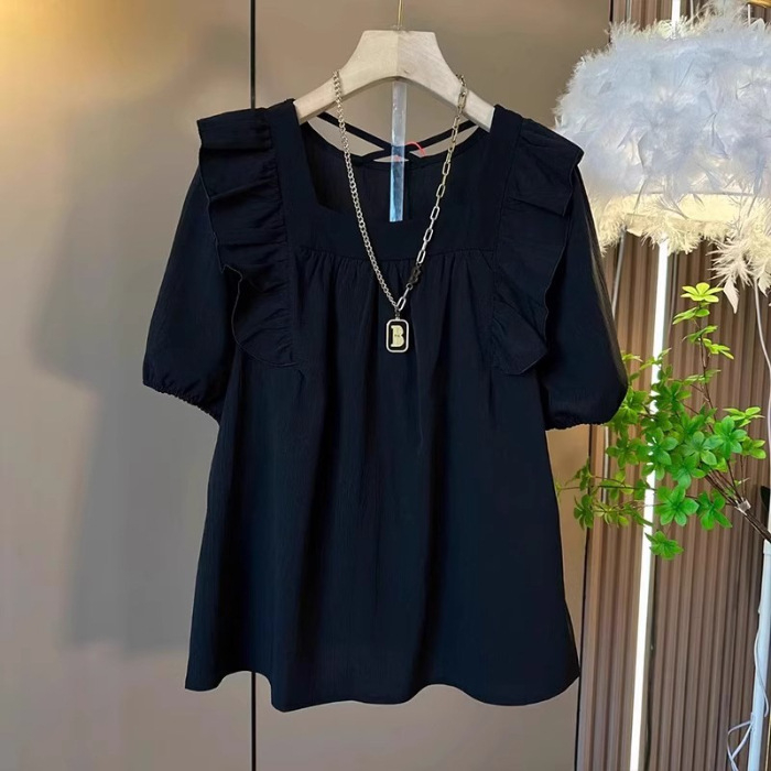Košulja od Vinylon vlakana, pulover stil, opuštena silueta, četvrtasti ovratnik, kratki rukavi