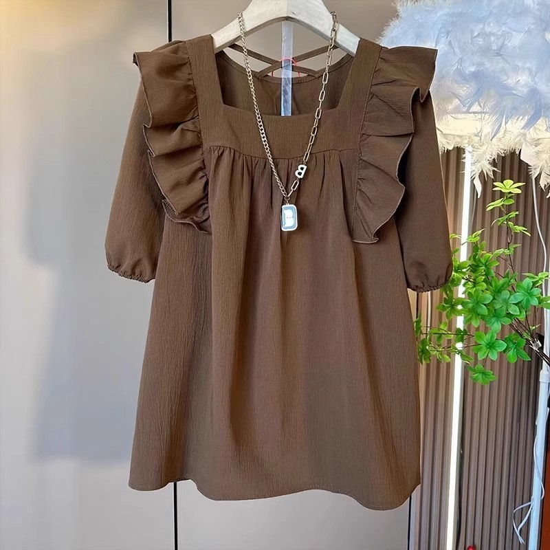 Košulja od Vinylon vlakana, pulover stil, opuštena silueta, četvrtasti ovratnik, kratki rukavi