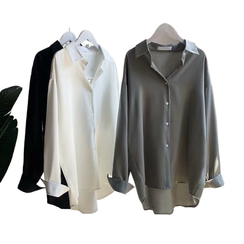 Košulja od šifona/poliester, široki kroj, dugi rukavi, V-izrez, prednje kopčanje, gradski stil