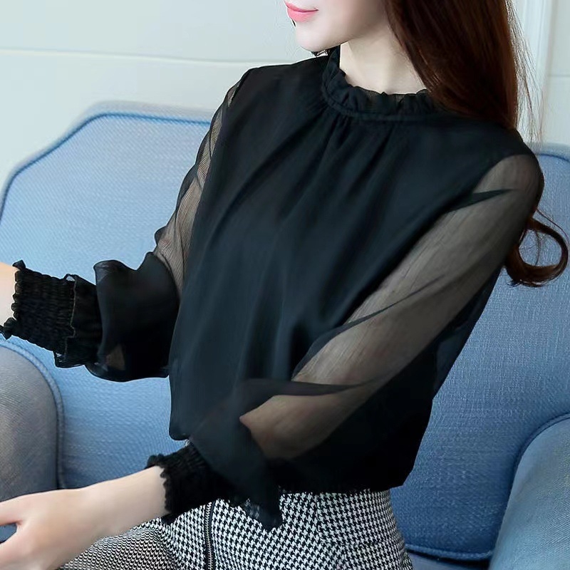 Ženska chiffon bluza od poliestera, 3D uzorak, pull-over stil, dugi rukavi, ležerna kroj, poluotvoren ovratnik.