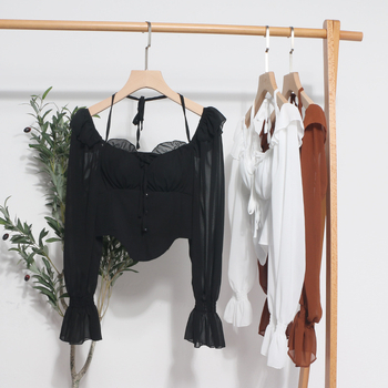 Šifon bluza s jednim ramenom, halter, vezanje špagom, otvorena leđa, dugi rukavi, ultrakrata duljina