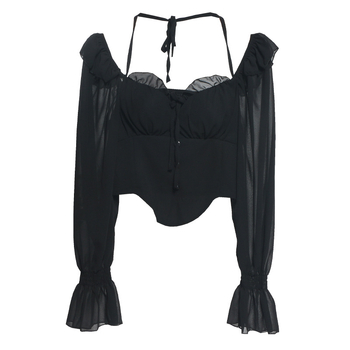Šifon bluza s jednim ramenom, halter, vezanje špagom, otvorena leđa, dugi rukavi, ultrakrata duljina