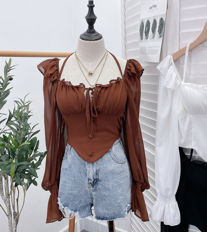 Šifon bluza s jednim ramenom, halter, vezanje špagom, otvorena leđa, dugi rukavi, ultrakrata duljina