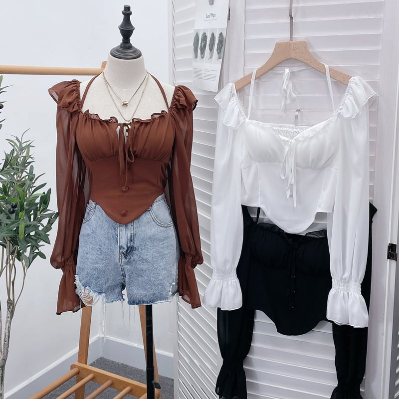 Šifon bluza s jednim ramenom, halter, vezanje špagom, otvorena leđa, dugi rukavi, ultrakrata duljina